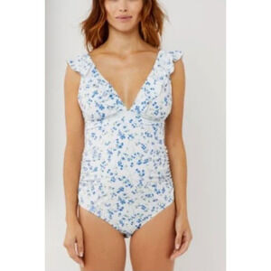 NWT A Pea In The Pod One Piece Swimsuit, Ruffle Strap, Lace Up Back, Floral, M